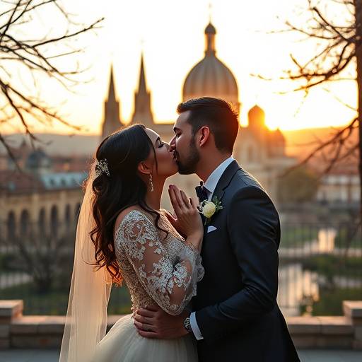 Couple de mariés s'embrassant devant la basilique Notre-Dame de Fourvière à Lyon.