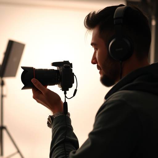 Photographe professionnel travaillant avec un appareil photo dans un studio éclairé à Lyon.