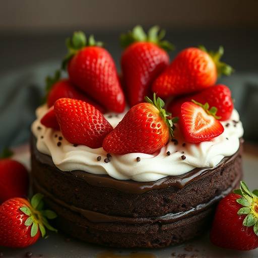 Photographie d'un gâteau au chocolat appétissant avec des fraises fraîches.