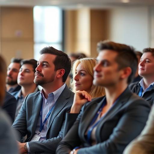 Photographie d'un événement corporatif avec des participants attentifs.