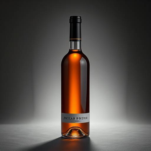 Photographie de studio d'une bouteille de vin haut de gamme, avec un éclairage soigné pour mettre en valeur les détails.