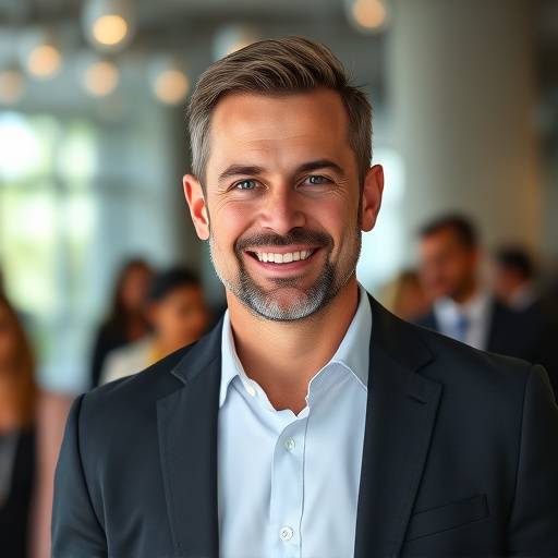 Portrait d'un chef d'entreprise souriant et confiant, pris lors d'un événement corporatif à Lyon, représentant le leadership et le succès.