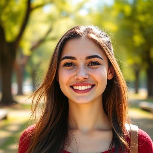 Portrait d'une jeune femme souriante dans un parc ensoleillé.