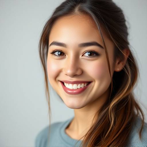 Portrait en studio d'une jeune femme souriante, éclairée de manière professionnelle.