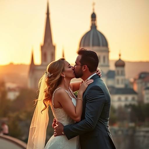 Un couple de jeunes mariés partage un baiser passionné devant la majestueuse basilique Notre-Dame de Fourvière à Lyon.