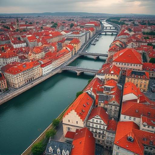 Vue aérienne spectaculaire du Vieux Lyon, avec ses toits rouges caractéristiques et la Saône serpentant à travers la ville.